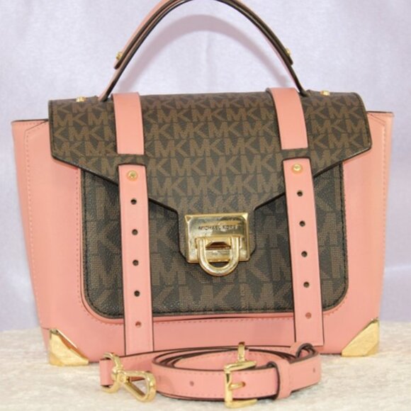 Michael Kors Cooper Satchel Bag Pink & Brown MK Signature Top Handle Crossbody - Picture 1 of 12